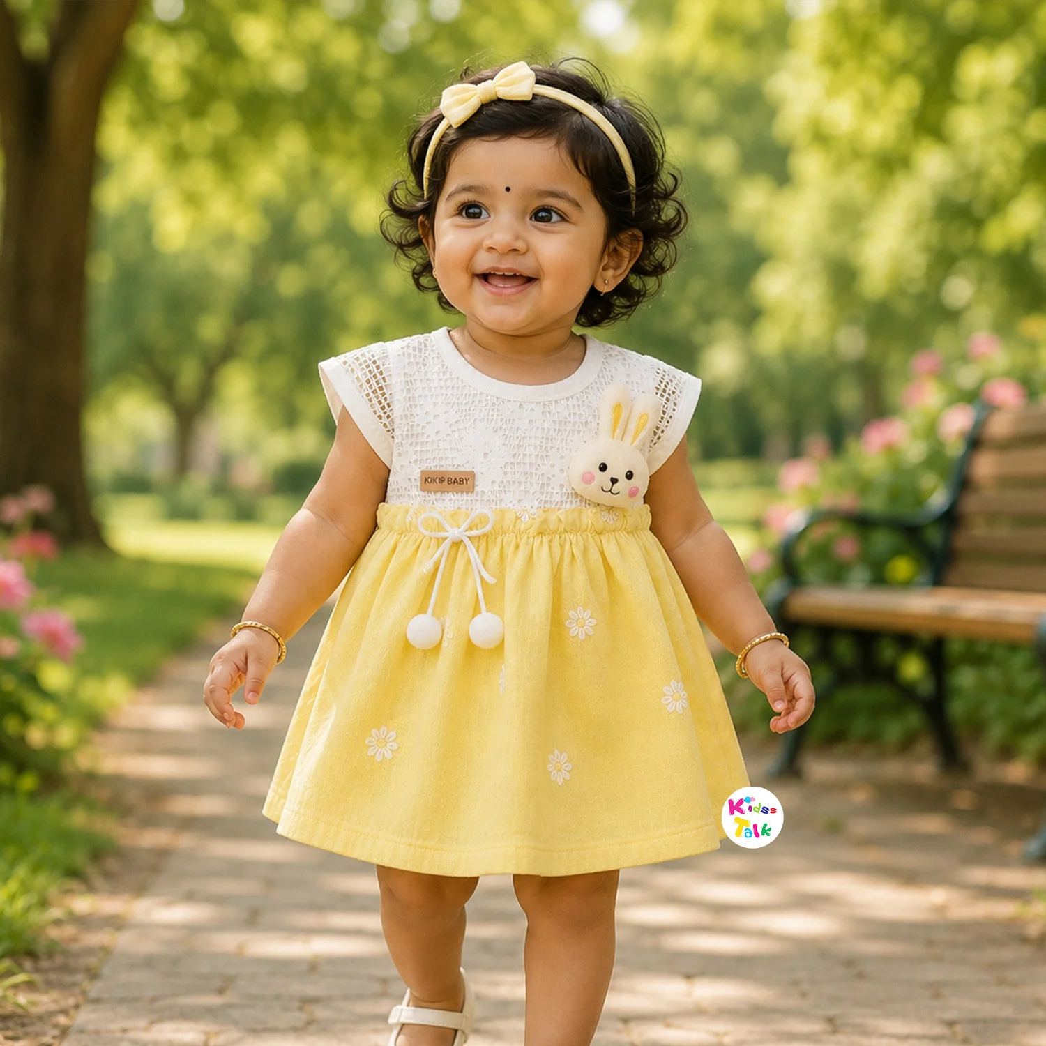 Cotton Sleeveless Frock With Cute All Over Print - Lemon Yellow